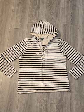 Lauren Ralph Lauren Women’s White Black Stripes 3/4 Sleeve Hooded Shirt Medium